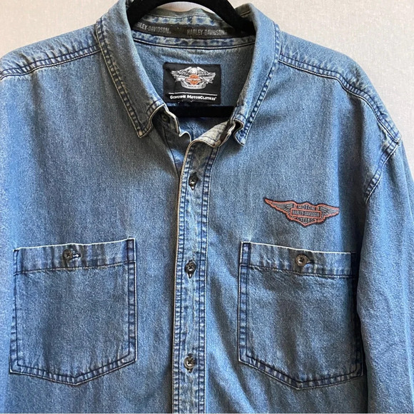 Harley Davidson Denim Long Sleeve Button Shirt 25”  PTP Sz XXL - Picture 5 of 10